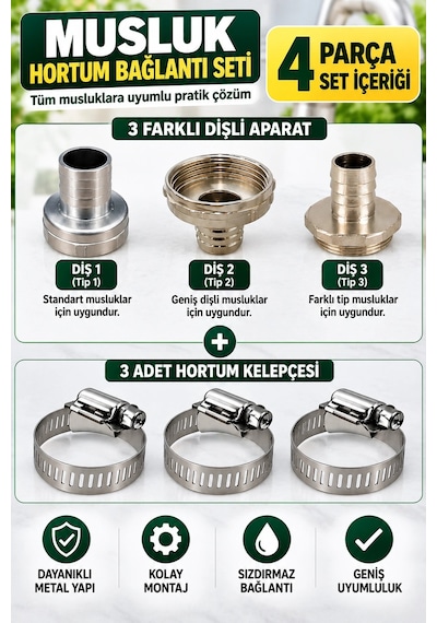 Musluk Hortum Bağlantı Aparatı Seti 3 Farklı Dişli Adaptör + 3 Adet Metal Hortum Kelepçesi 6 Parça S