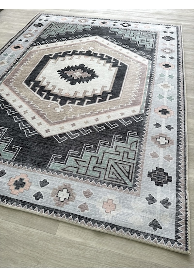 Geometrik Madalyon Desenli Siyah Ve Gri Etnik Halı - Ar856bg Siyah - Gri