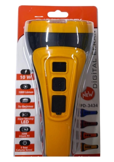 Powerdex Pd-3434 Şarjlı El Feneri 10w Led, 1000 Lümen, Dijital Ekran Type-c Şarjlı Çoklu Renk
