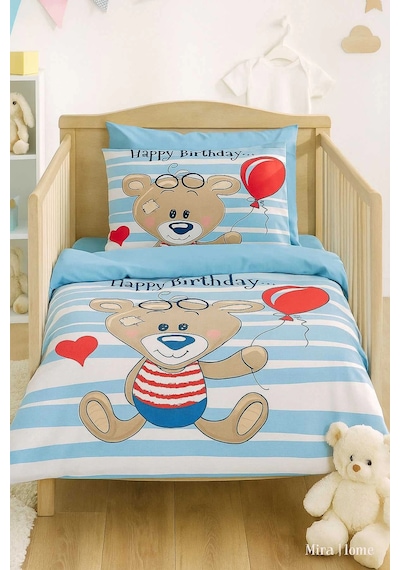 Yenidoğan Erkek Bebek Nevresim Takımı %100 Pamuklu Bear Baloon Çok Renkli