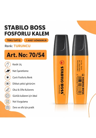 Boss Fosforlu Kalem 1 Adet Metin İşaretleme Kalemi Turuncu