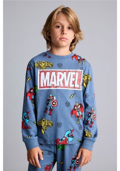 Defacto %100 Pamuk Marvel Comics Baskılı Uzun Kollu Üst Lastikli Paça Alt Pijama Takımı Erkek Çocuk I1327a826aube739 Mavi-be739