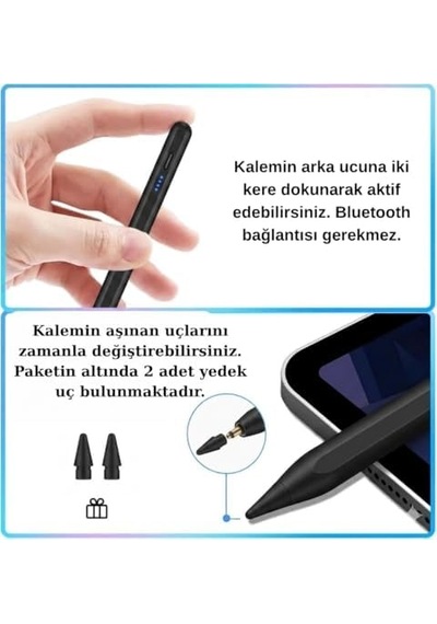 İpad 2018-2026 İçin Stylus Tablet Kalem 2018 Sonrası Tüm İpad Modellerinine Uyumlu Eğim Sensörlü Avuç İçi Reddi Aktif Stylus Kalem Siyah