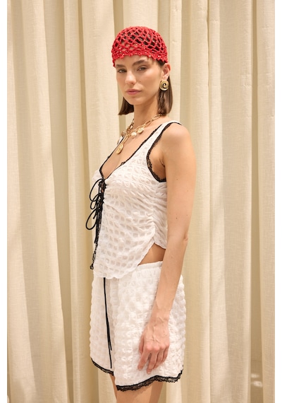 Mai Collection Celeste Dantel Detay Ekru Crop Şort Takım