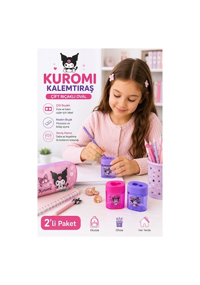 Kuromi Oval Kalemtraş 2 Li 590161 Kuromi Figürlü Hazneli Çift Bıçaklı Kalem Açacağı Sevimli Plastik Kalem Traş Hazneli