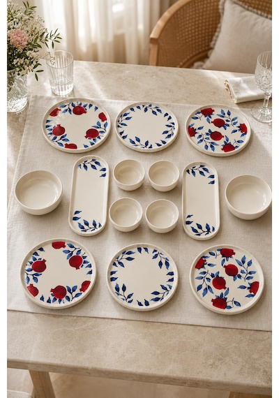Nar 14 Parça 6 Kişilik Stackable Seramik Kahvaltı Takımı Nar Desenli Lüks Kahvaltılık Sunum Seti Beyaz