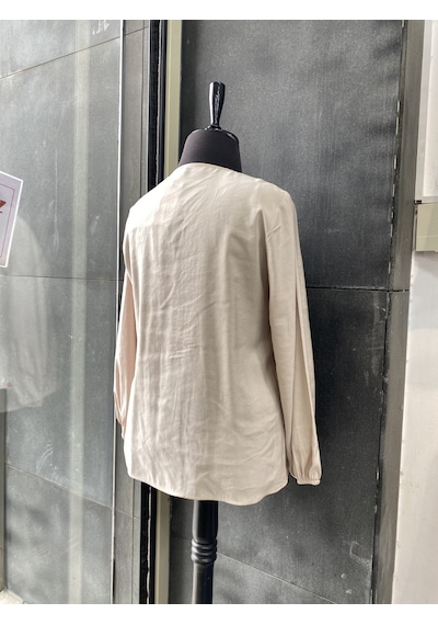 Pera Moda Büyük Beden Önü Fırfırlı Modal Bluz Gömlek Taş