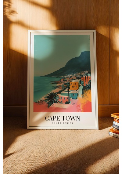 Cape Town South Africa Vintage Seyahat Posteri Çerçeveli Tablo - Premium Masa Dağı Duvar Dekoru Beyaz