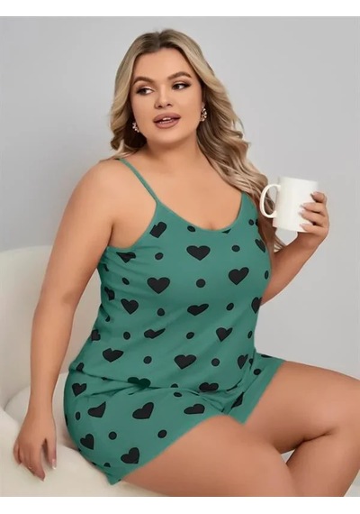 Veraura Lifestyle Büyük Beden Yeşil Desen Pamuklu Şortlu Pijama Takımı