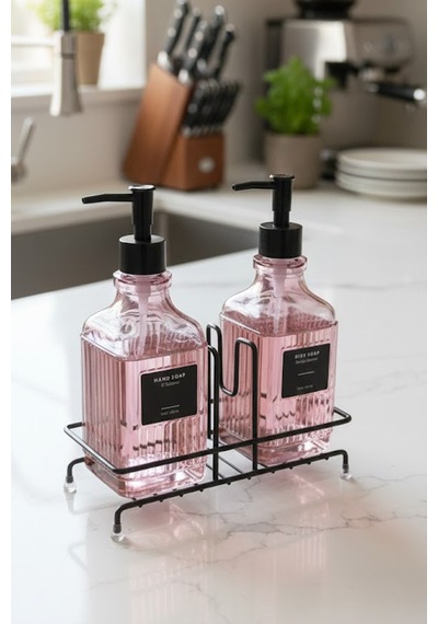 Makri Home Modern Çizgili Desenli Cam Ikili Sıvı Sabunluk & Deterjanlık Seti, Pembe- 500 Ml Cam Sabunluk
