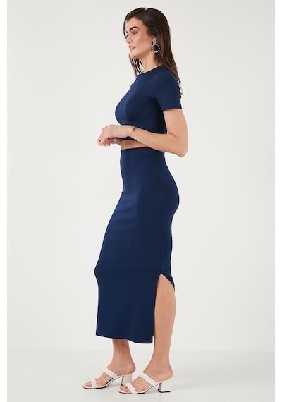 Lela Slim Fit Yırtmaç Detaylı Uzun Etekli Crop Bayan Takım 5866148 Lacivert