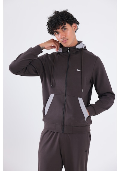 Rowinger Modal Kumaş Kapüşonlu Fermuarlı Kontrast Detaylı Erkek Sweatshirt Brown