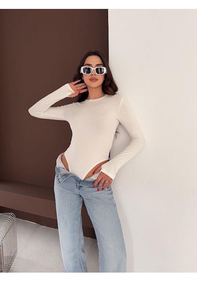 Elaxi Kadın Bisiklet Yaka Uzun Kollu Parmak Geçme Detaylı Altı Çıtçıtlı Full Likralı Buzzy Body Beyaz Elaxi Kadın Bisiklet Yaka Uzun Kollu Parmak Geçme Detaylı Altı Çıtçıtlı Full Likralı Buzzy Body Beyaz