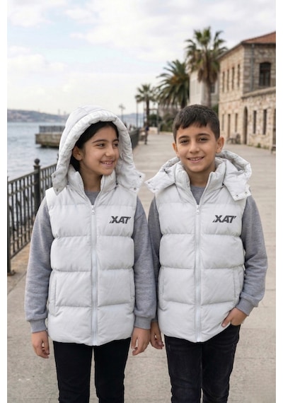 Pina Kids Unisex Çıtçıt Kapüşonlu Baskılı Şişme Yelek Beyaz