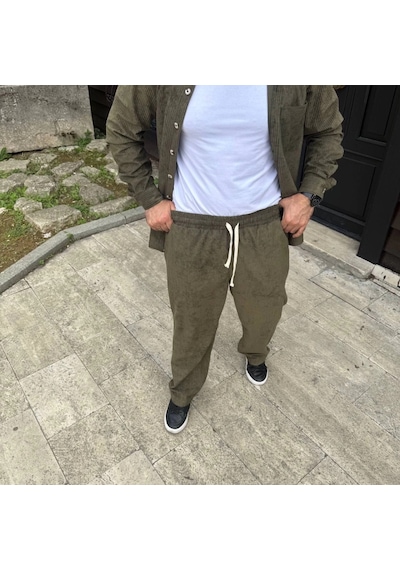 Moderie Butik Erkek Fitilli Kadife Cepli Buggy Pantolon Oversize Rahat Kalıp - Haki Haki