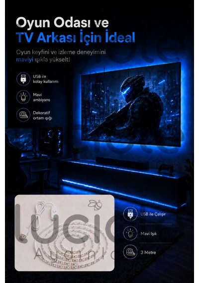3 Metre Usb Mavi Şerit Led 5v Aç Kapa Anahtarlı Gaming Tv Masa Raf Powerbank Dekoratif Led