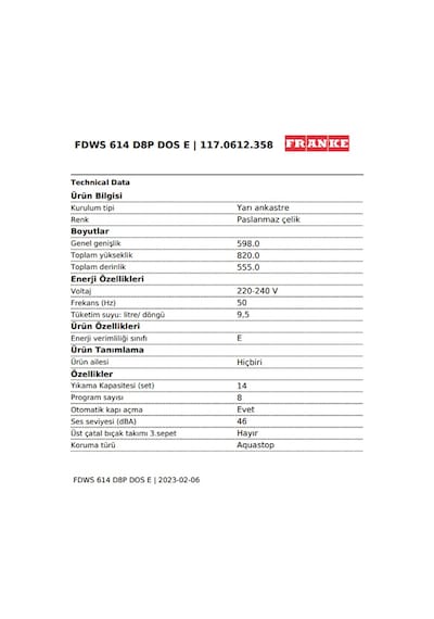 Franke FDWS 614 D8P DOS E 8 Programlı 14 Kişilik Ankastre Bulaşık Makinesi