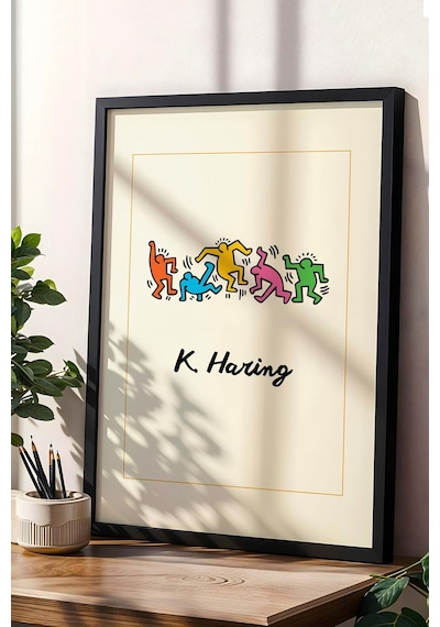 Keith Haring Dancing Figures Çerçeveli Tablo Dans Eden Figürler - Eklektik Tarz Duvar Dekoru