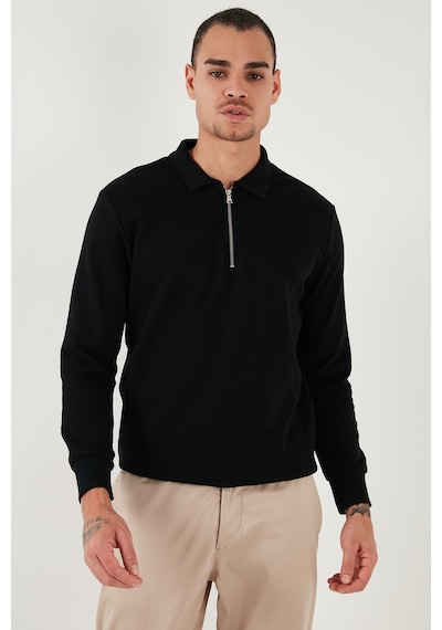 Buratti Pamuklu Regular Fit Yarım Fermuarlı Polo Yaka Erkek Sweat 5905805 Siyah