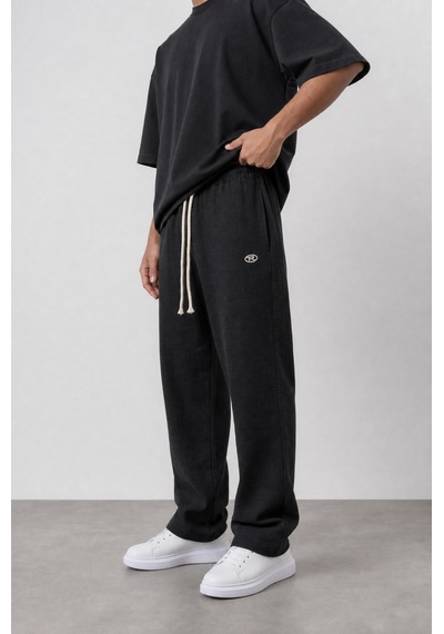 Respire Erkek R Nakışlı Müslin Baggy Pantolon Siyah