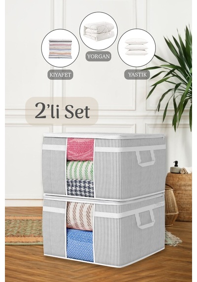 2'li Maxi Pencereli Baza Altı Hurç - Çekyat Baza Tipi Yastık Kıyafet Saklama Hurcu 45 X 40 X 30 Cm Gri
