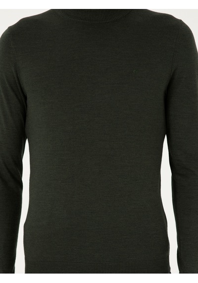 Cacharel Haki Slim Fit Yün Karışımlı Çeyrek Balıkçı Yaka Basic Triko Kazak Yesıl