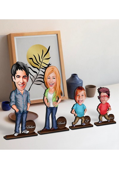 Bk Gift Kişiye Özel 4 Lü Aile Karikatürlü Ahşap Biblo Seti Model-3
