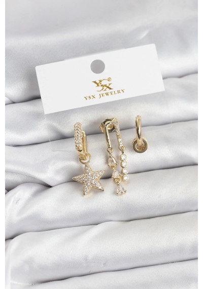 Ceylan Adam Pirinç Gold Renk Zirkon Taşlı Yıldız Vintage Model Ysx Trio Küpe Seti Çok Renkli