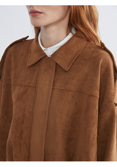 Lcw Vision Kahverengi Gömlek Yaka Oversize Kadın Süet Görünümlü Ceket Xl-2xl
