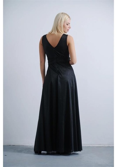 Neşeli Butik Kadın V Yaka Simli Tül Abiye Elbise Nbs9223 Siyahh