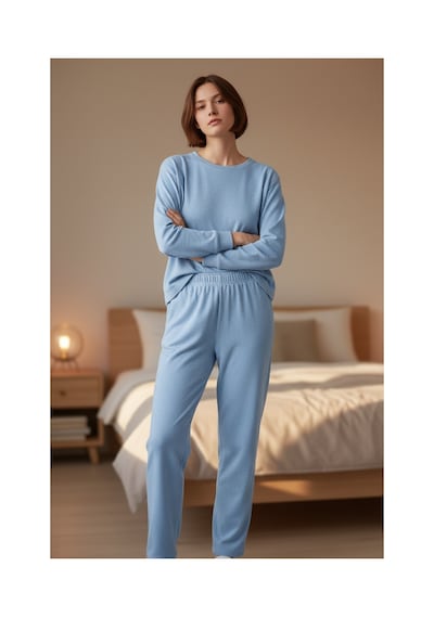 Feg Store Pamuk Bebek Mavisi Yumuşak Dokulu Uzun Kollu Kadın Pijama Takımı Mavi