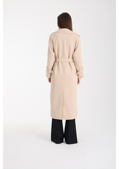 Bej Düğme Detaylı Oversize Kuşaklı Trençkot