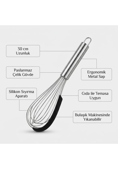 Silikon Sıyırma Aparatlı Çelik Çırpıcı 30 Cm, Paslanmaz Çelik Tel Çırpıcı, Ergonomik Metal Saplı Mutfak Çırpıcısı, Sos Yumurta Krema Ve Hamur Karıştırıcı