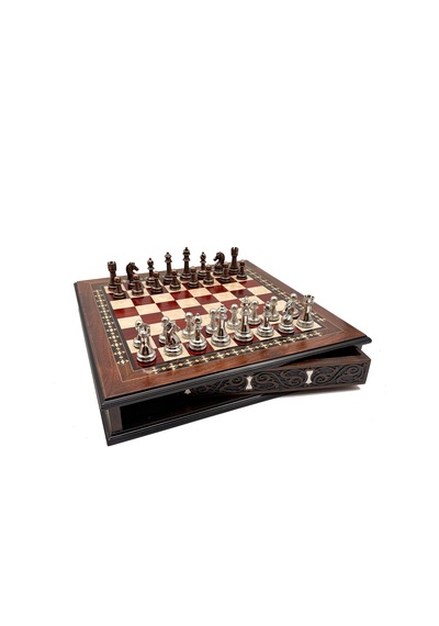 Özel - 145 - Tasarım El İşi Yuvarlak Satranç Tahtası Ve Metal Satranç Taşları Mcyv28 - - Kmrsfres - Bakır-gümüş, Kırmızı