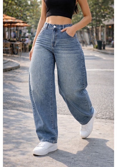 Cedy Denim Cedy Denım Yüksek Kalite Kadın Yüksek Bel Baggy Skater Jean Mavi