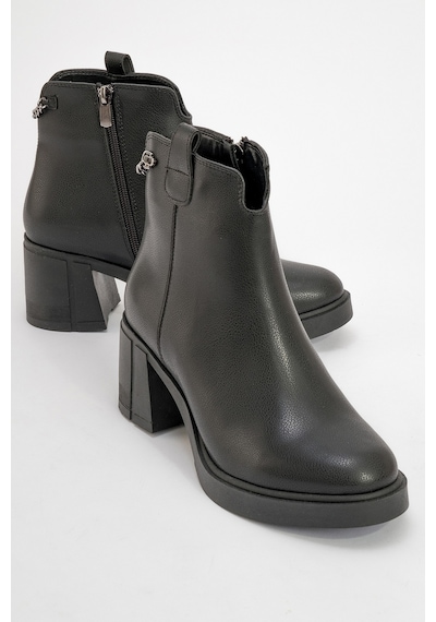 Luvishoes Luvi Shoes Mier Siyah Cilt Zincir Detaylı Kadın Kalın Topuklu Bot Siyah-Cilt