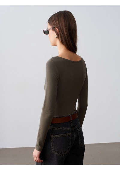 Dilvin 32549 Kayık Yaka Bodysuit-haki Haki