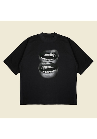 Startmore Grillz Teeth Baskılı Oversize Unisex Pamuklu Nefes Alan Kalın Kumaşlı Siyah