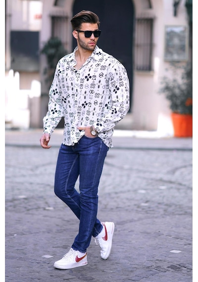 Madmext Siyah Desenli Uzun Kollu Oversize Erkek Gömlek 6731 Siyah