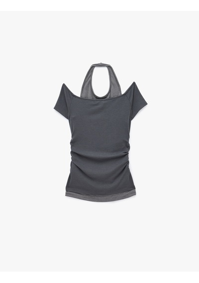 Koton Viskon Slim Fit Omzu Açık Kısa Kollu Halter Yaka Tişört Antrasit 7wal10338ık