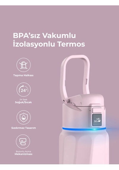 Waterh Boost Akıllı Termos Hidrasyon Takibi Yapan, Yalıtımlı 0,95l / 32oz Akıllı Şişe Açık Pembe
