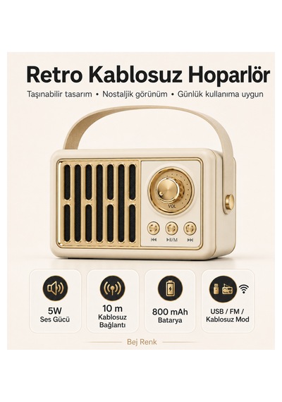 Retro Kablosuz Hoparlör Fm Radyo Usb Destekli Taşınabilir Askılı Şarjlı Bluetooth Speaker 5w