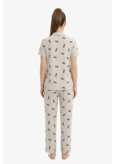 Cottonhill Gri Çizgi Desenli Yumuşak Dokulu Gömlek Yaka Kadın Pijama Takımı