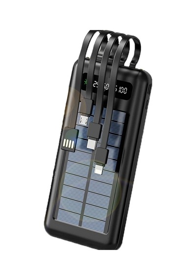 Powerbank10000 Mah Güneş Enerjili Göstergeli Powerbank Solar Fenerli Güneş Enerjili Type C - Lightning - Micro Usb - Usb Kablolu Senalstore Siyah