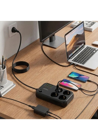 Çoklu Priz Uzatma Kablosu 4 Soket + 4 Usb + 2 Type-c Termal Akım Korumalı, Isıya Dayanıklı, Çocuk Korumalı G Standart