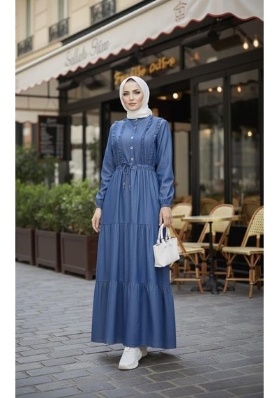 Hb Harma Time Butik Kadın Fırfır Detaylı Düğmeli Koyu Kot Mavi Elbise Koyu Mavi