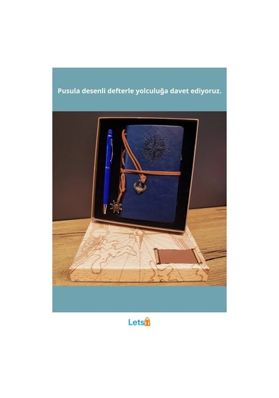 Lacivert Pusula Tasarım Deri Defter Metal Tükenmez Kalem Çok Renkli