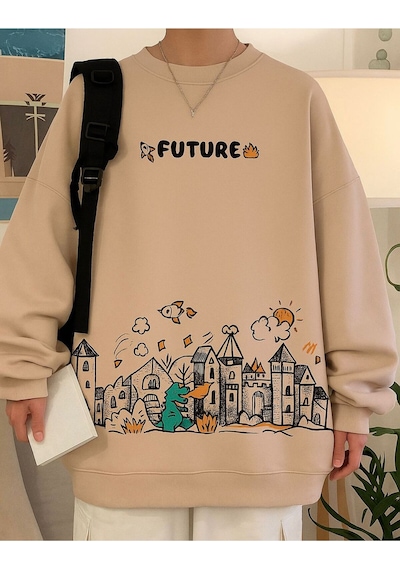 Benroma 3 İplik Penye Future Baskılı Unisex Sweatshırt Bej