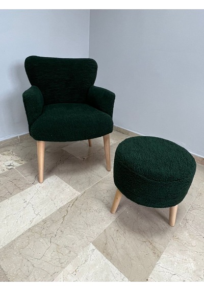 Azra Mobilya Berjer Puf Set -ikili Balkon Setitekli Koltuk Puflu - Puffy - Teddy Kumaş - Doğal Ahşap Yeşil