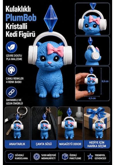 11 Cm Sims Plumbob Kulaklıklı Kristalli Kedi Figürü-dekoratif Sevimli Kedi Biblo